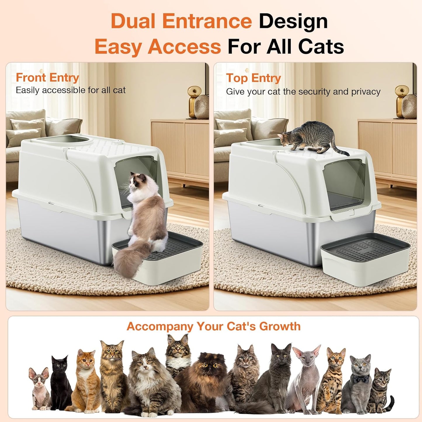 Stainless Steel Litter Box, XXL Large Metal Covered Litter Boxes, Dual Entrance Detachable Cat Litter Box with Lid, 16.6'' High Wall Urine Leak Prevention with Cat Litter Scoop (Gray)