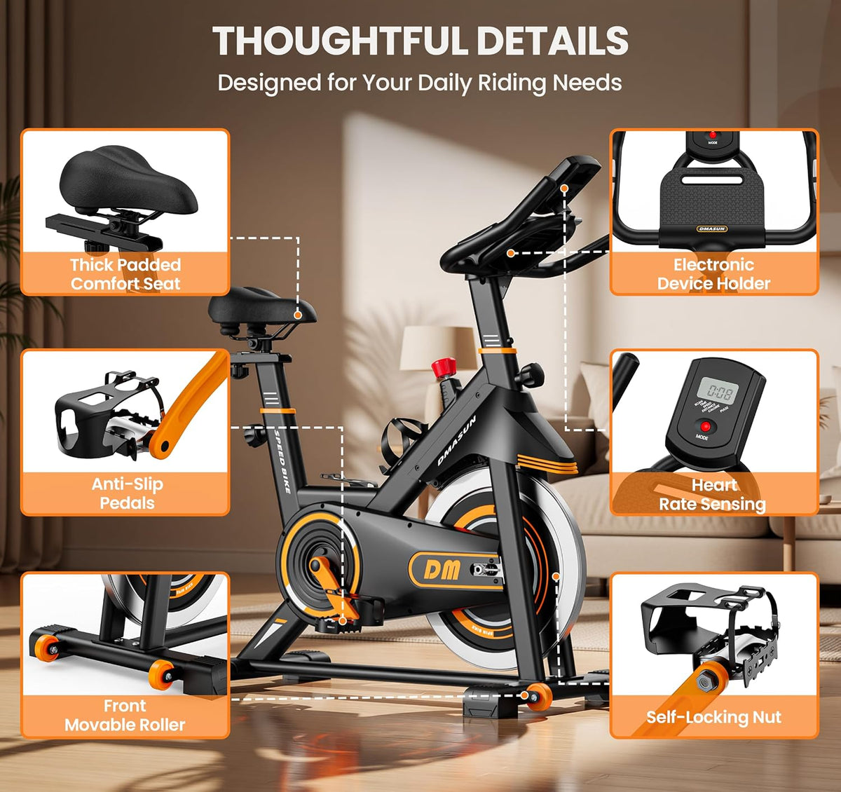 DMASUN Exercise Bike,350 LBS Magnetic Resistance Stationary Bike with 4 Way Adjustable Seat, Hand Pulse Heart Rate, LCD Display, Quiet Belt Drive for Home Cardio Workout