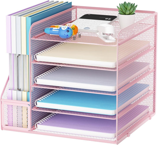 Marbrasse Desk Organizers and Accessories, 5-Tier Paper Letter Tray Organizer with File Holder, Mesh File Organizer for Desk, Office Desk Accessories & Organization for Supplies (Pink)
