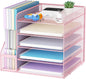 Marbrasse Desk Organizers and Accessories, 5-Tier Paper Letter Tray Organizer with File Holder, Mesh File Organizer for Desk, Office Desk Accessories & Organization for Supplies (Pink)