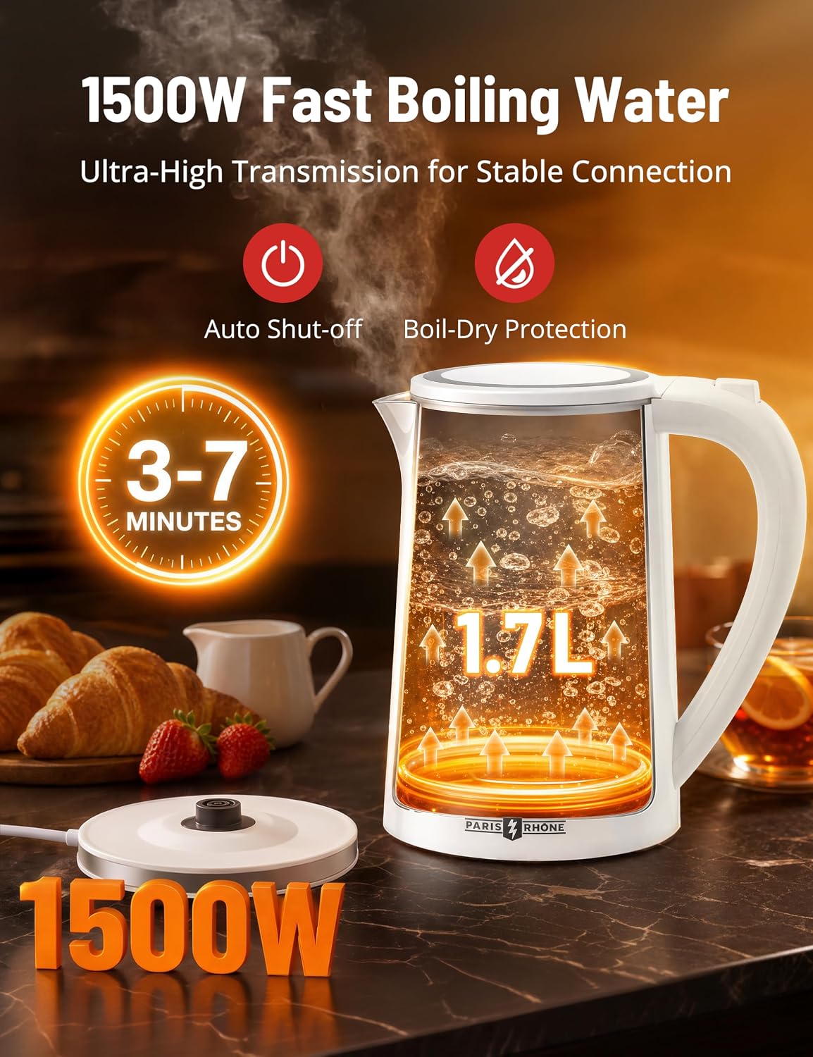 Electric Kettle, 1.7L Capacity 6 Temperature Settings Cordless Water Heater