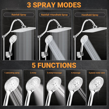 COSYLAND Rain Shower Head with Handheld - 304 Stainless Steel High Pressure 8 inch Square Rainfall Showerhead Combo with 5 Spray Mode 11 inch Extension Adjustable Arm & 60 inch Hose - Chrome