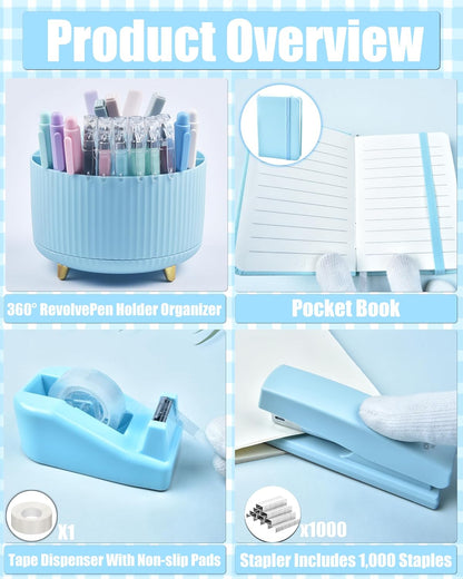 LXEVIHK Blue Desk Accessories, 20 Pieces Office Supplies, 360° Pen Holder Desk Organizer, Tape Dispenser, Stapler, Stapler Remover, Blue Color on Desktop
