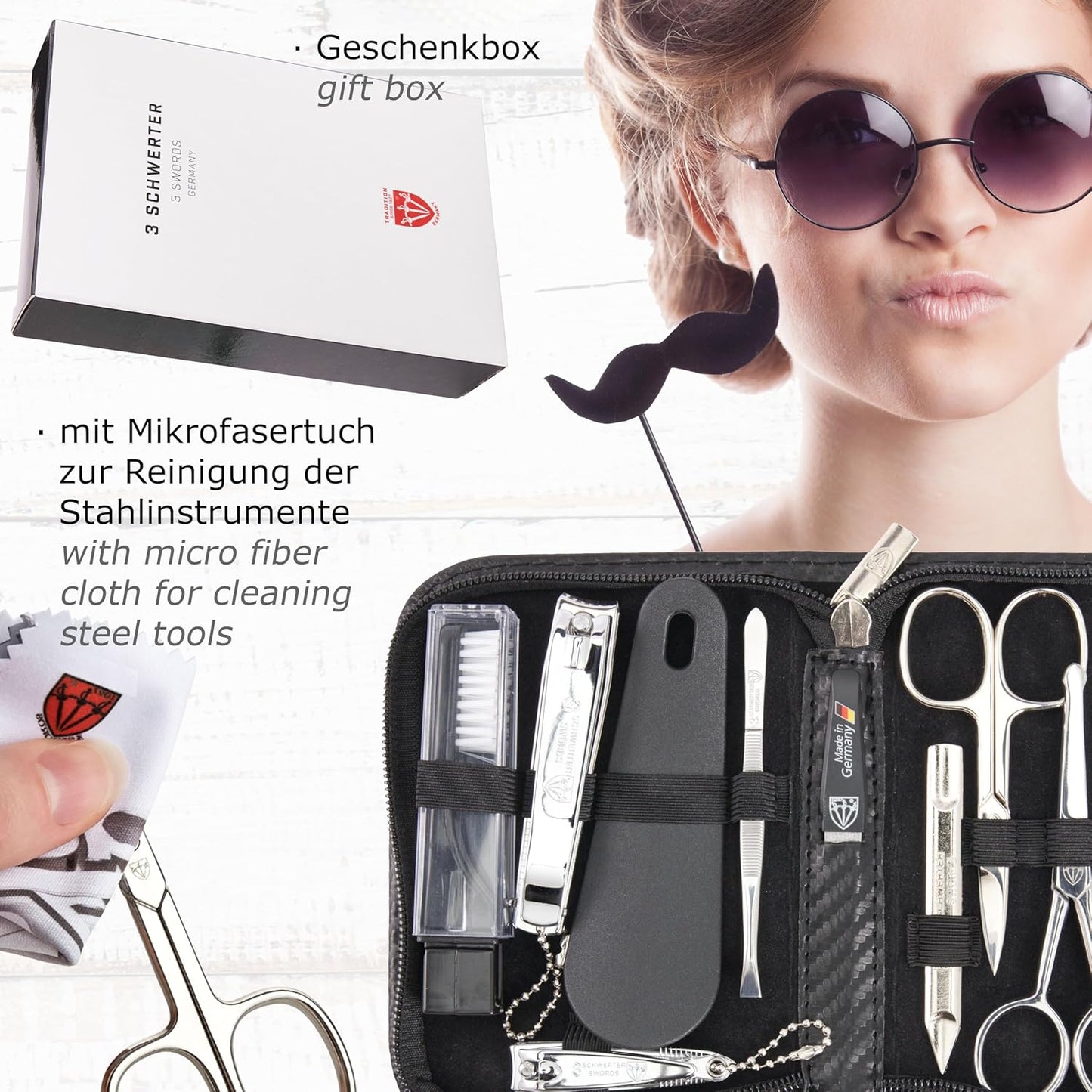 3 Swords Germany - brand quality 10 piece manicure pedicure grooming kit set for professional finger & toe nail care scissors clipper fashion leather case in gift box, Made by 3 Swords (003164)