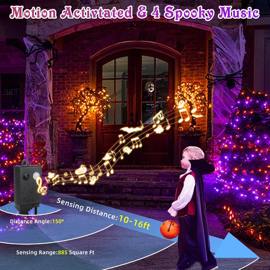 Tcamp 105FT 300 LED Purple Orange Halloween Decorations Lights Motion Activated Sync with 4 Scary Music, 6 Modes Halloween String Lights for Party Yard Outdoor Indoor Decor (3 Sets Connectable) - PuriLite