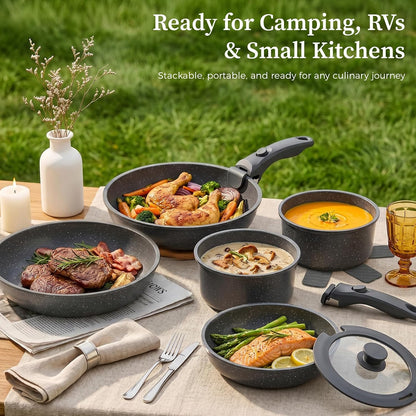 YASHE 15Pcs Nonstick Pots and Pans Set with Removable Handle, Oven Safe | Non-Toxic Stackable Cookware Set for RVs, Camping, PFOS/PFOA-Free Induction Compatible