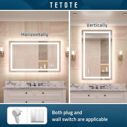 TETOTE LED Bathroom Mirror 20x28 Frontlit & Backlit Lighted Vanity Mirror Anti Fog Stepless Dimmable 3 Colors White/Warm/Natural,Double Lights,Wall-Mounted(Horizontal/Vertical)