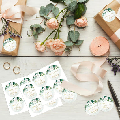Mobiusea Creation White Floral Thank You for Celebrating with us Stickers | 2 inch | Gold Foil | 60pcs Waterproof Thank You Stickers Wedding Labels for Wedding, Bridal Shower, Baby Shower