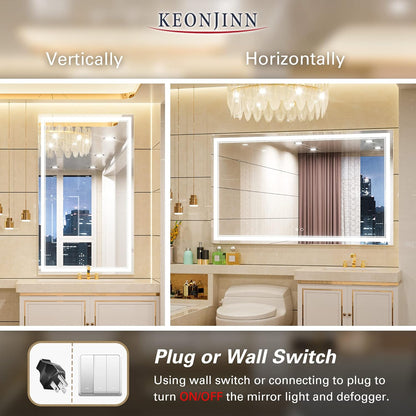 Keonjinn 40 x 24 Inch LED Mirror, Bathroom Mirror with Lights, LED Vanity Mirror, Wall Mounted Anti-Fog Dimmable Lighted Makeup Mirror for Bedroom, IP54 Waterproof (Horizontal/Vertical)
