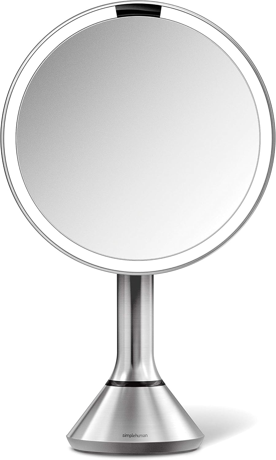 simplehuman 8" Round Sensor Makeup Mirror with Touch-Control Dual Light Settings, 5x Magnification, Rechargeable and Cordless, Brushed Stainless Steel, 8"