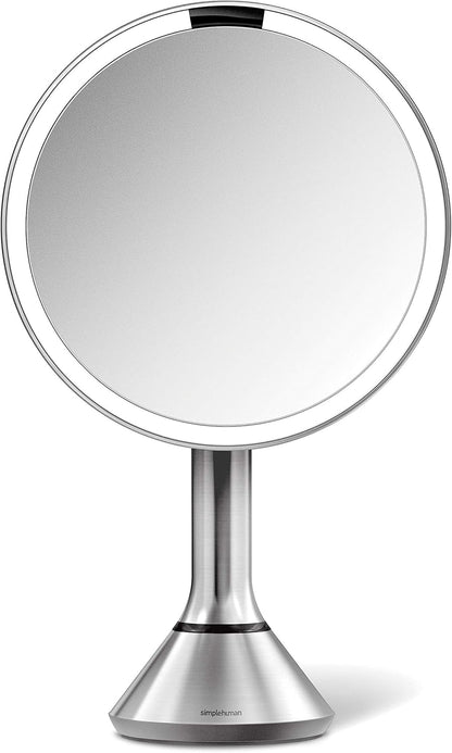 simplehuman 8" Round Sensor Makeup Mirror with Touch-Control Dual Light Settings, 5x Magnification, Rechargeable and Cordless, Brushed Stainless Steel, 8"
