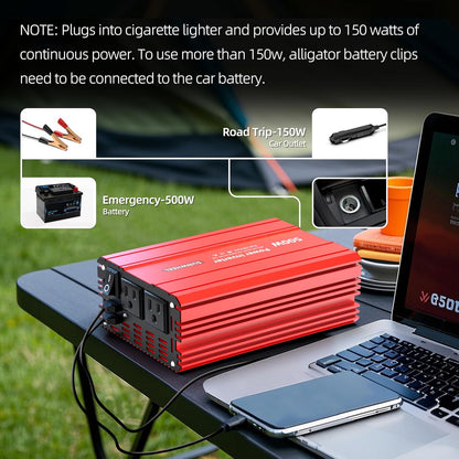 SUNWHEEL 500W Power Inverter DC 12V to 110V AC Car Inverter with 2 x 3.1A USB Ports and Dual AC Outlet, Equipped with 1 Cigarette Lighter and 2 Battery Clamps for Road Trip and Camping