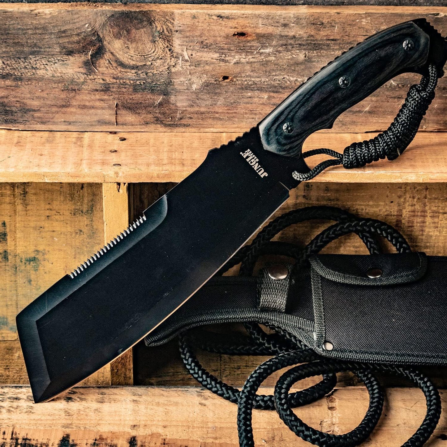Jungle Master – Fixed Blade Machete – Black Oxidized Stainless Steel Wharncliffe Blade, Full Tang Construction, Includes Nylon Sheath, Outdoor, Hunt, Camp, Hike, Survival, JM-034, 15.75", Black