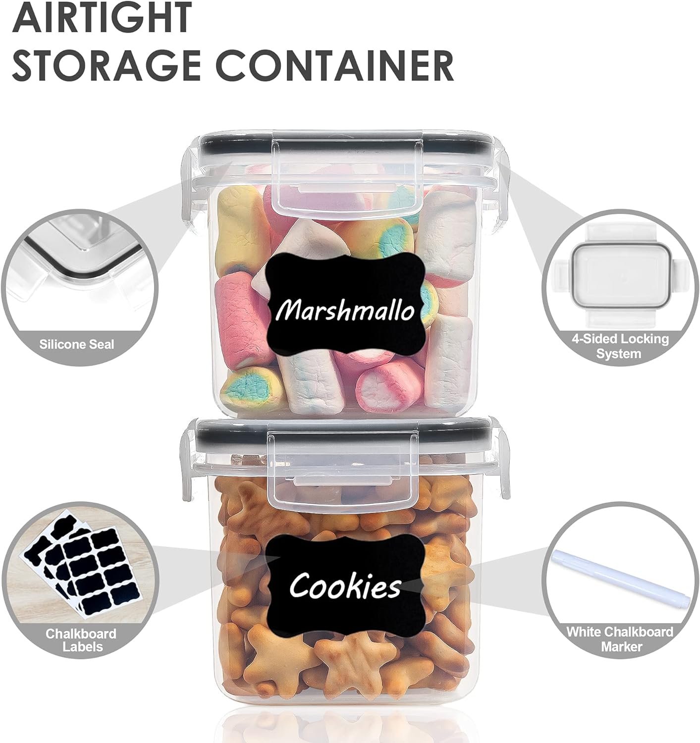 Vtopmart Extra Large Tall Airtight Food Storage Containers, 4 Pieces 6.5L Plastic Kitchen Pantry Storage Containers for Spaghetti, Flour and Baking Supplies - Include 24 Labels, Black