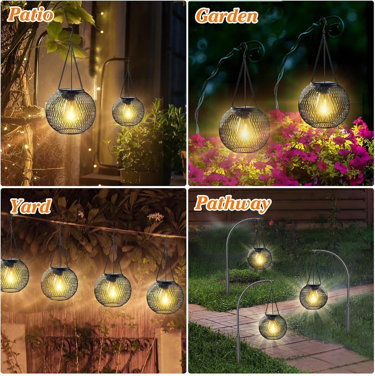 Solar Lanterns Outdoor,Hanging Metal Lanterns,4 Pack,Black Solar Lights Outdoor Waterproof Decorative Hanging Lanterns Christmas Halloween Lights for Yard Garden Patio Pathway Tree