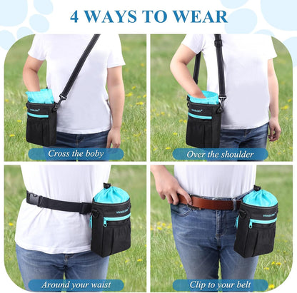 VIVAGLORY Dog Training Treat Pouch, 4Ways to Wear Dog Treat Bags, Built in Dog Waste Bag Dispenser Treats Training Bags with Reflective Adjustable Shoulder Strap, Heather Blue