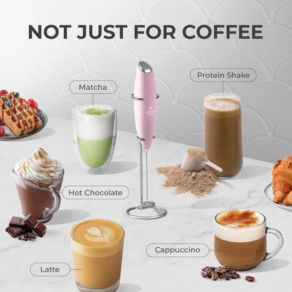 Zulay Milk Frother Complete Set Coffee Gift, Handheld Foam Maker for Lattes - Whisk Drink Mixer for Coffee, Mini Blender for Cappuccino, Frappe - Includes Frother, Stencils & Frothing Cup (Black)