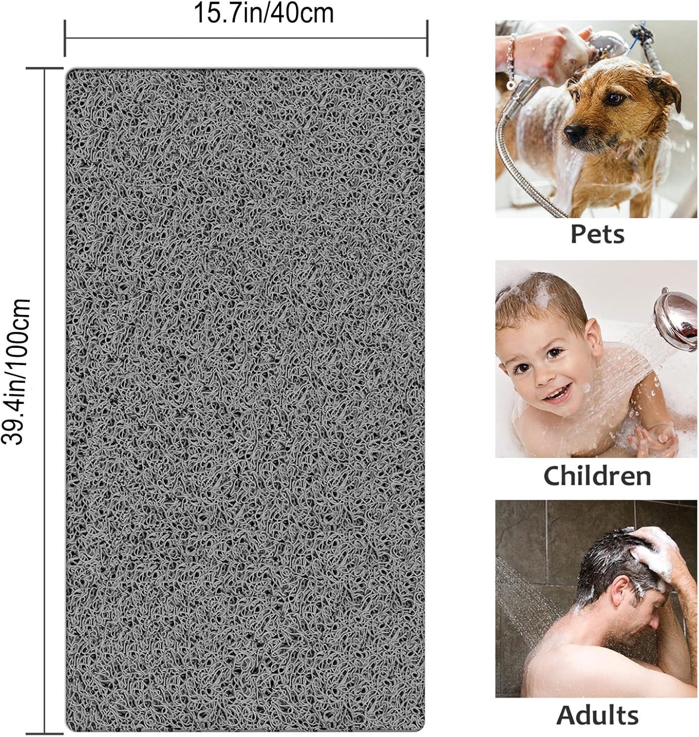 Bathtub Mat Non Slip Shower Mat, 40 x 100 cm, Soft Textured PVC Loofah Mat for Bathroom Inside Shower Anti Slip Bath Mat Bathroom Rug Carpet No Suction Cup, Quick Dry