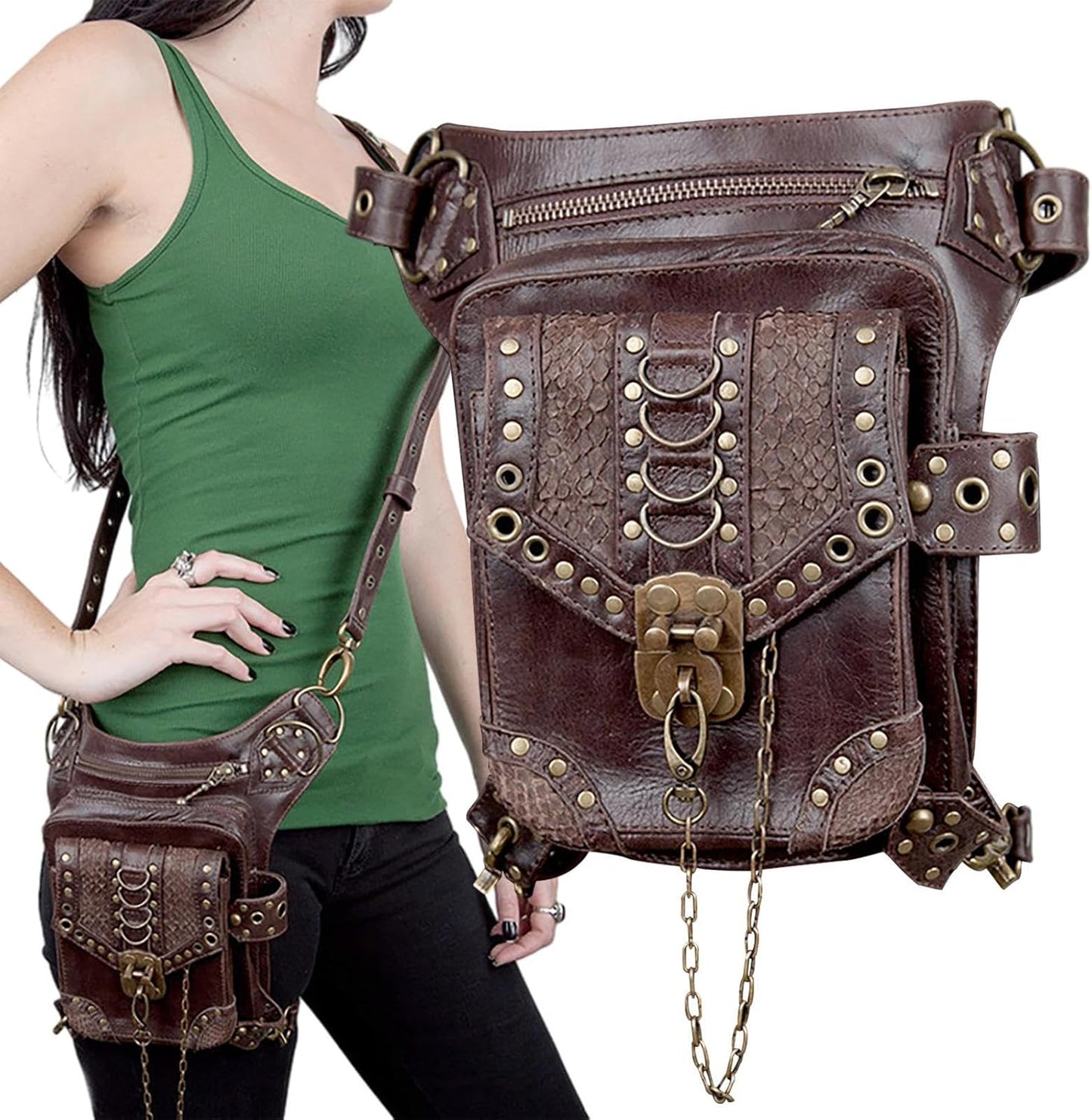 JMEDIC Medieval Belt Bag - Waist Leg Bag Fanny Pack PU Leather | Waterproof Steampunk Pouch, Fashion Gothic Fanny Pack for Travel, Hiking, Girls, Women, Men