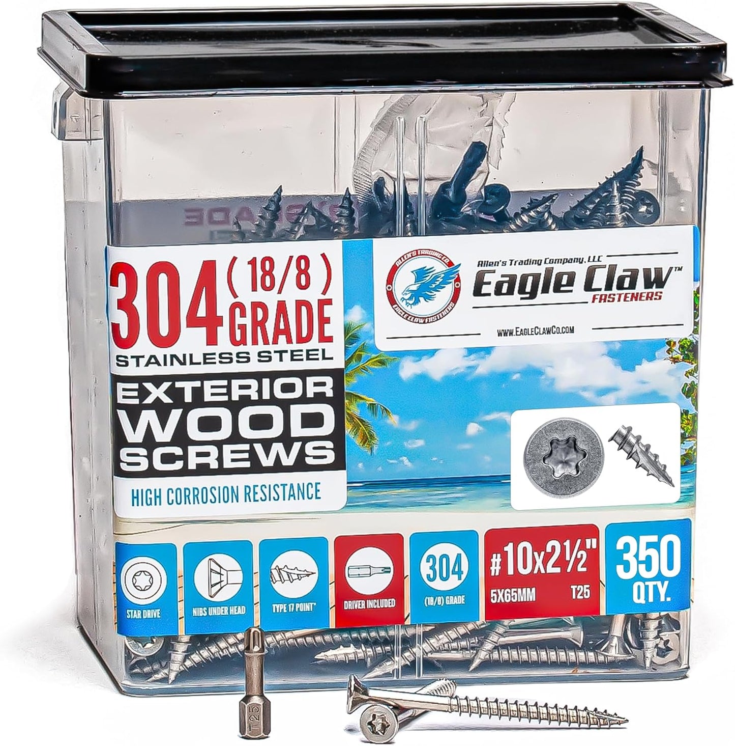 #10 x 3 Inch Stainless Steel Deck Screws 350 Pieces | T25 Star Torx Drive Flat Head | 304 Grade Stainless Steel Wood Screws High Corrosion Resistance by Allen's Trading Co. Eagle Claw Fasteners
