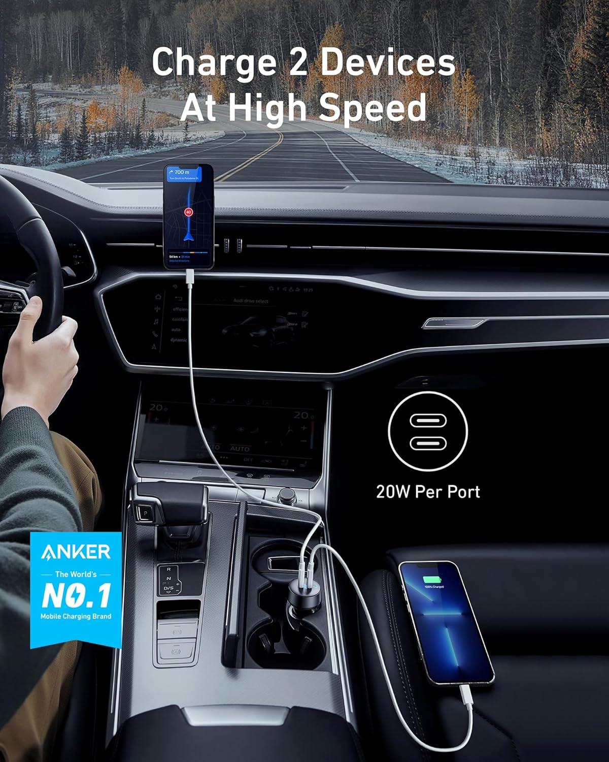 Anker USB C Car Charger, 40W 2-Port PowerIQ 3.0 Type C Adapter, iPhone 16 Car Charger, PowerDrive III Duo with Power Delivery for iPhone 16/15/14/13, Galaxy S22/S20/S10, Pixel, iPad, and More - PuriLite