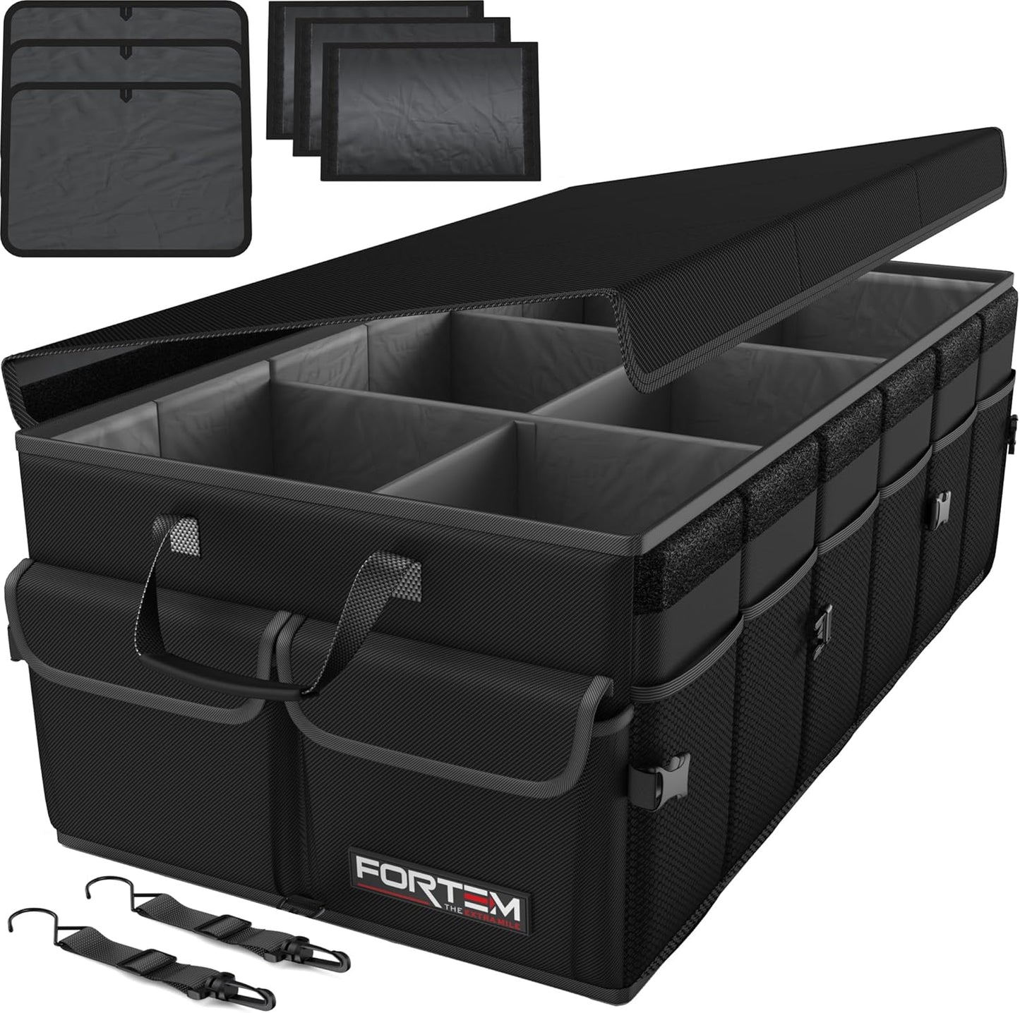 FORTEM Car Trunk Organizer, Collapsible Multi Compartment Car Organizer, Foldable SUV Storage for Car Accessories for Women Men, Non Slip Bottom, Securing Straps, Soft Cover 50L (Black, Standard)