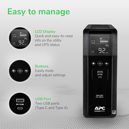 APC BR1000MS Sine Wave UPS Battery Backup & Surge Protector, 1000VA, Backups Pro, Black
