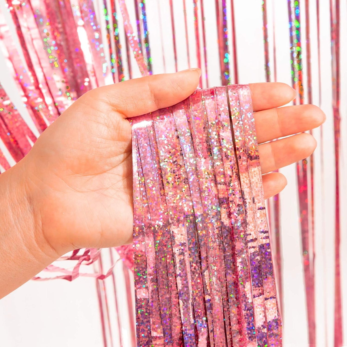 BRAVESHINE Pink Glitter Tinsel Foil Fringe Curtain - 2 Pcs 3.2x8.2 ft Metallic Party Supplies Photo Backdrop for Girl Princess Birthday Unicorn Bachelorette Butterfly Bridal Shower Party Decorations