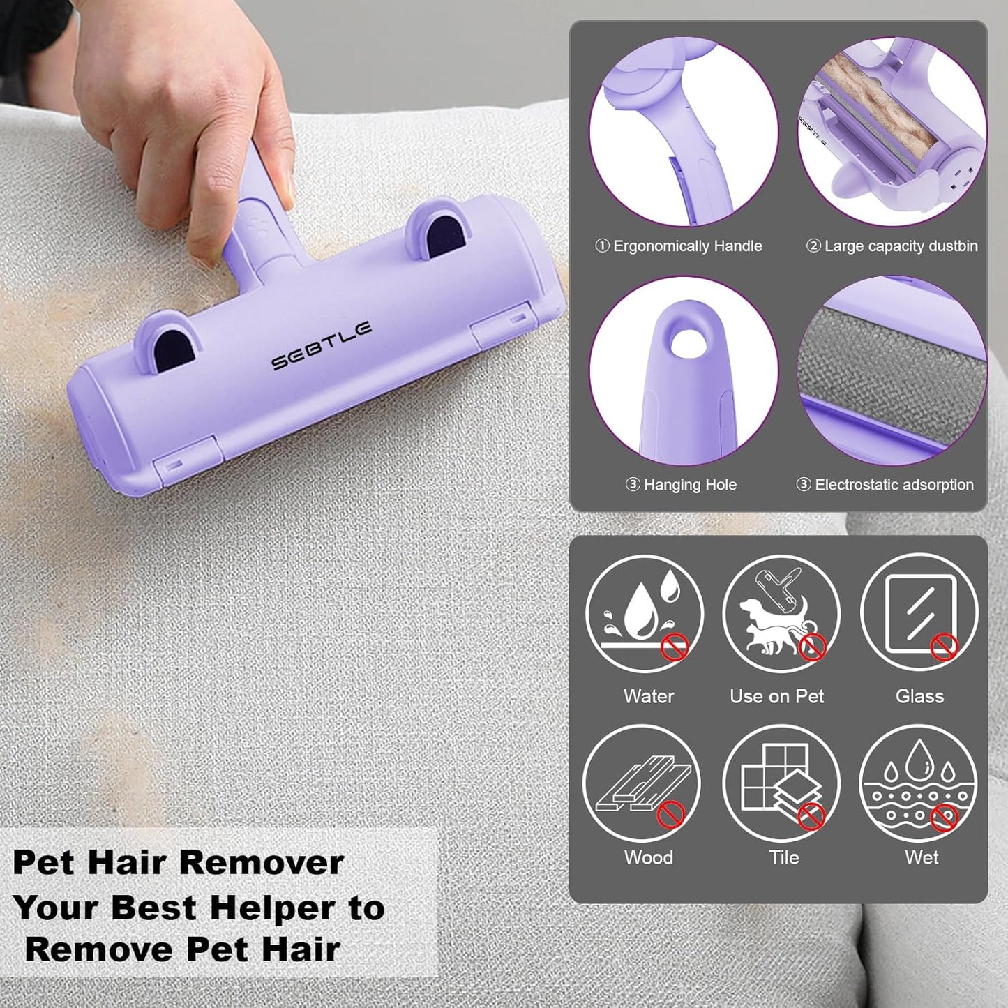 Sebtle Pet Hair Remover Roller,Reusable Animal Hair Removal Brush for Dogs and Cats,Lint Remover Easy to Clean Pet Fur from Carpet,Sofa,Bedding,Furniture and Rugs-Grey