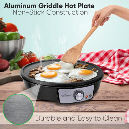 NutriChef Electric Crepe Maker, Cooks Roti, Tortillas, Pancakes, Nonstick Cooktop, 8-inch Cook Area On/Off Switch, Automatic Temperature Control & Cool Touch Handle, Includes Food Bowl, Whisk, Spatula