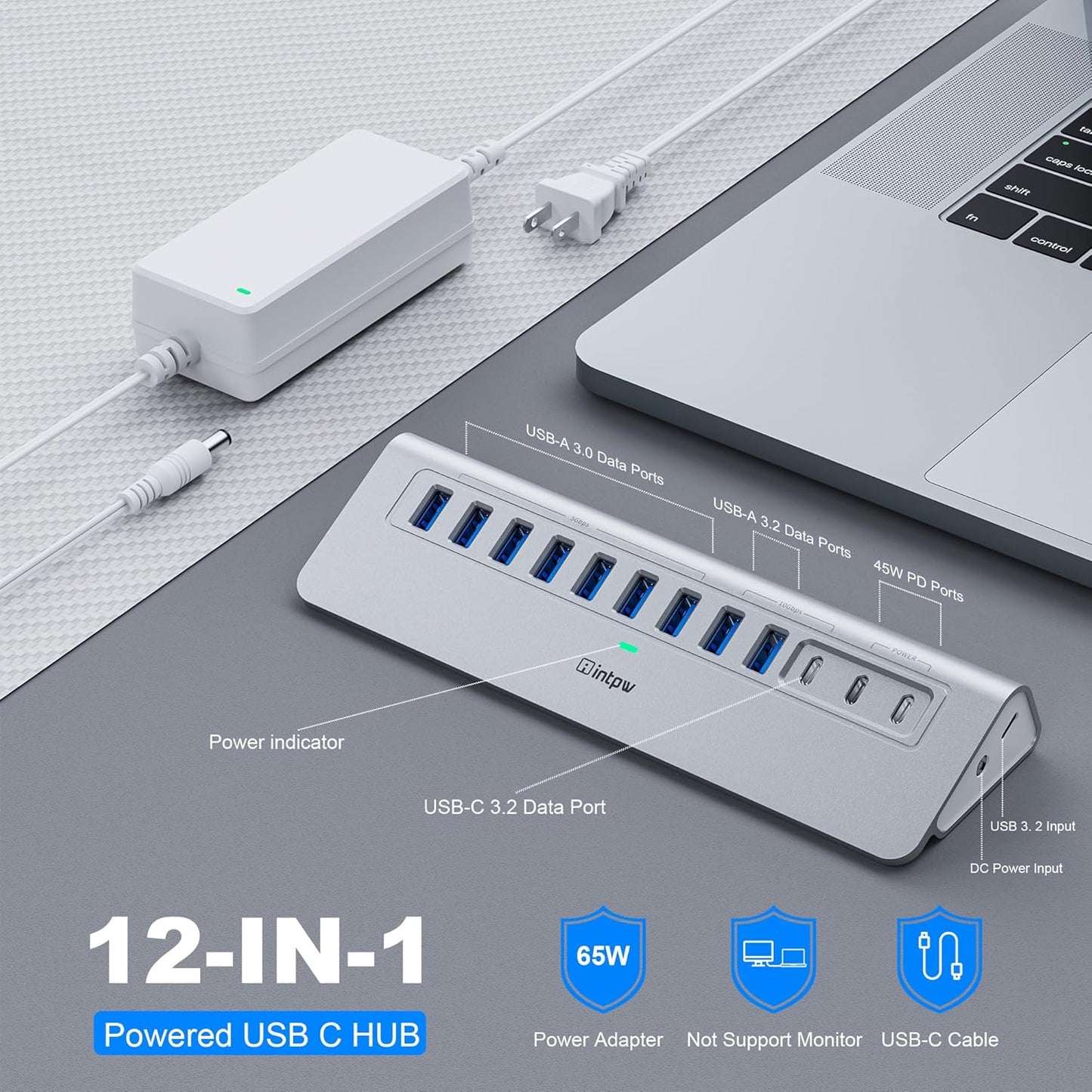Powered USB Hub, Intpw 9-Port USB 3.2/USB C Hub with 10Gbps, 5*USB 3.0 + 45W PD Charging Ports, 3.3FT Cable and 65W Power Adapter, Aluminum USB Extender Hub for iphone16/ipad/Macbook/Laptop,PC