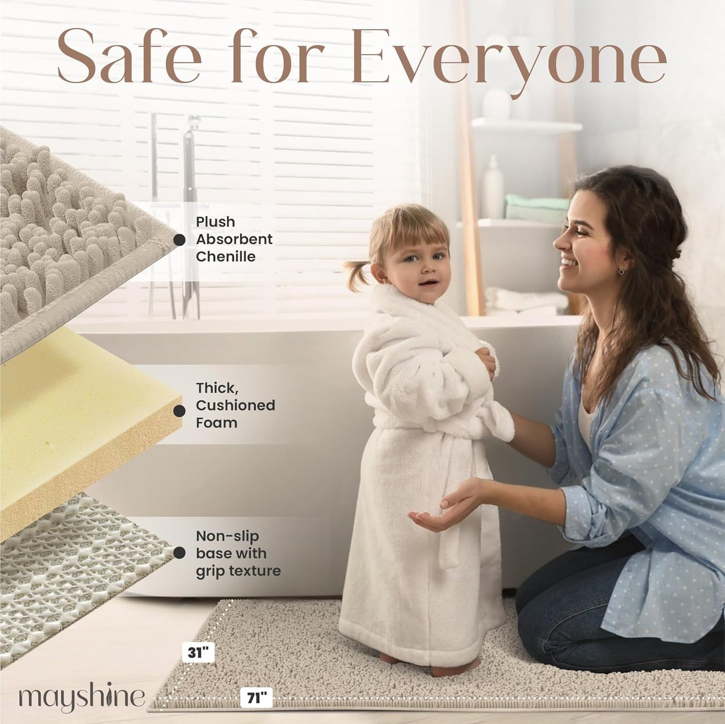 Soft Plush Chenille Bathroom Rug, Absorbent Microfiber Bath Mat, Machine Washable, Non-Slip Grip, Quick-Dry, Thick Shag Carpet Great for Bath, Shower Floor, Bedroom, or Door Mat (Beige, 17x24)