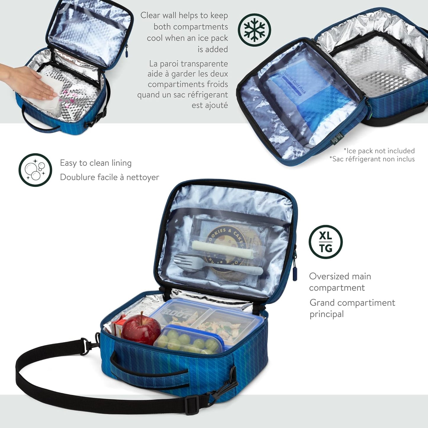 Roots Original 3-in-1 Matching Water Resistant Backpack and Lunch Bag Set with Bonus Pencil Case - Made From 100% Recycled Fabrics - 33 litres, Blue, Large