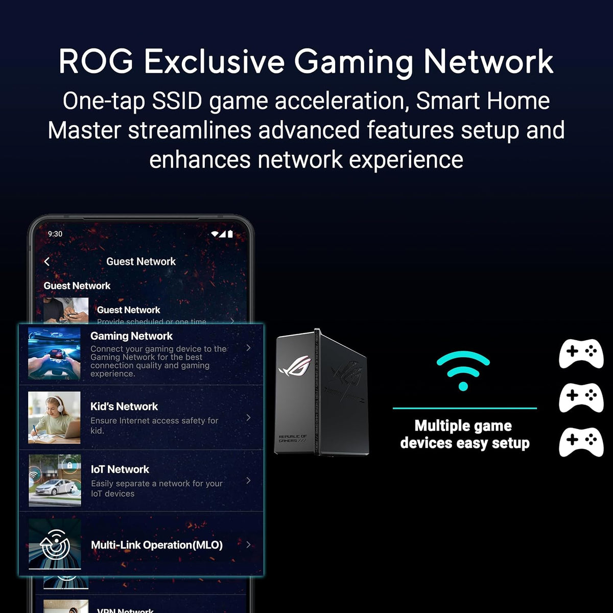 ASUS ROG Strix GS-BE12000 WiFi 7 Gaming Router - Tri-Band, 12Gbps, Mesh Coverage up to 3,300 Sq. Ft., 2.5G Port x8. Game Boost for Low Latency Gaming & Streaming. VPN support