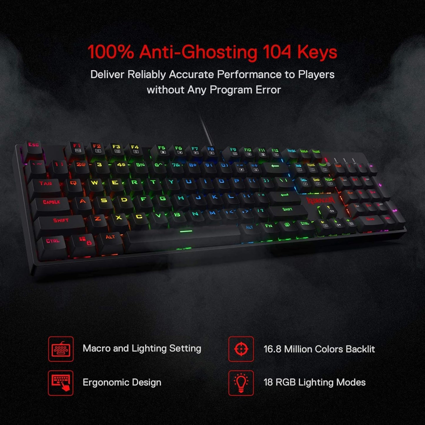 Redragon K582 SE Wired RGB Gaming Keyboard, 104 Keys Mechanical Keyboard w/Upgraded Hot-swappable Socket, Noise Dampening Kit, Mixed Color PBT Keycaps, Linear Red Switch