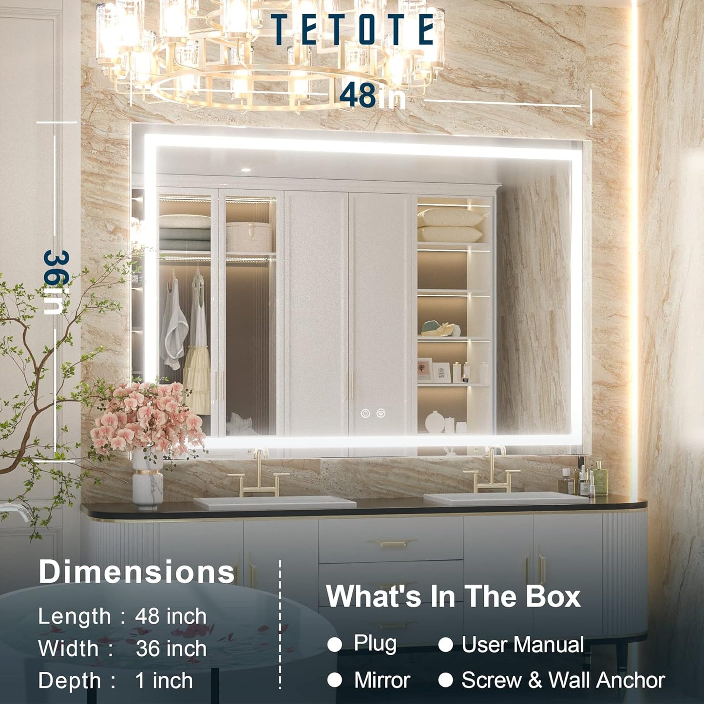 TETOTE 36 x 28 Bathroom LED Mirror Bedroom LED Mirror Fashion Style Vanity Makeup Mirror Dimmable Anti-Fog Wall Mounted Birthday Gift Housewarming Gift Wedding Gift