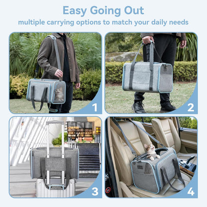 Petsfit Expandable Cat Dog Carrier Airline Approved, 17" L x 11" W x 11" H Soft-Sided Portable Pet Travel Carrier for Kitten, Puppy, Removable Soft Plush Mat and Pockets, Auto-Locking Zippers