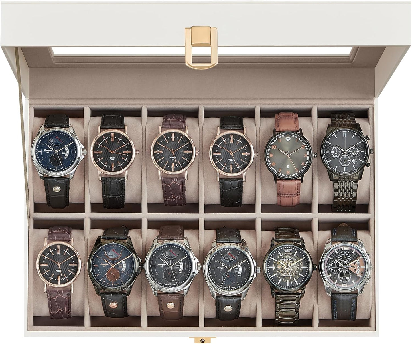 SONGMICS Watch Box, 6-Slot Watch Case, Watch Box Organizer, Black Synthetic Leather, Greenish Gray Lining UJWB06BK