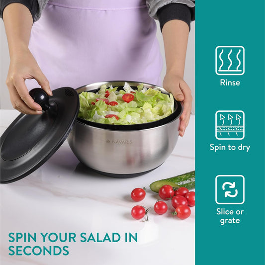 Navaris Salad Spinner with Lid - Salad Spinner Stainless Steel - Salad Dryer - Easy Washing, Drying and Spinning - Includes Grating and Slicing Discs - PuriLite