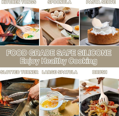 Silicone Kitchen Cooking Utensils Set, Umite Chef 22Pcs Heat Resistant Kitchen Utensils, Spatula, Spoon, Whisk, Dishwasher Safe Kitchen Utensil Gadgets Tools Set for Nonstick Cookware(Khaki)