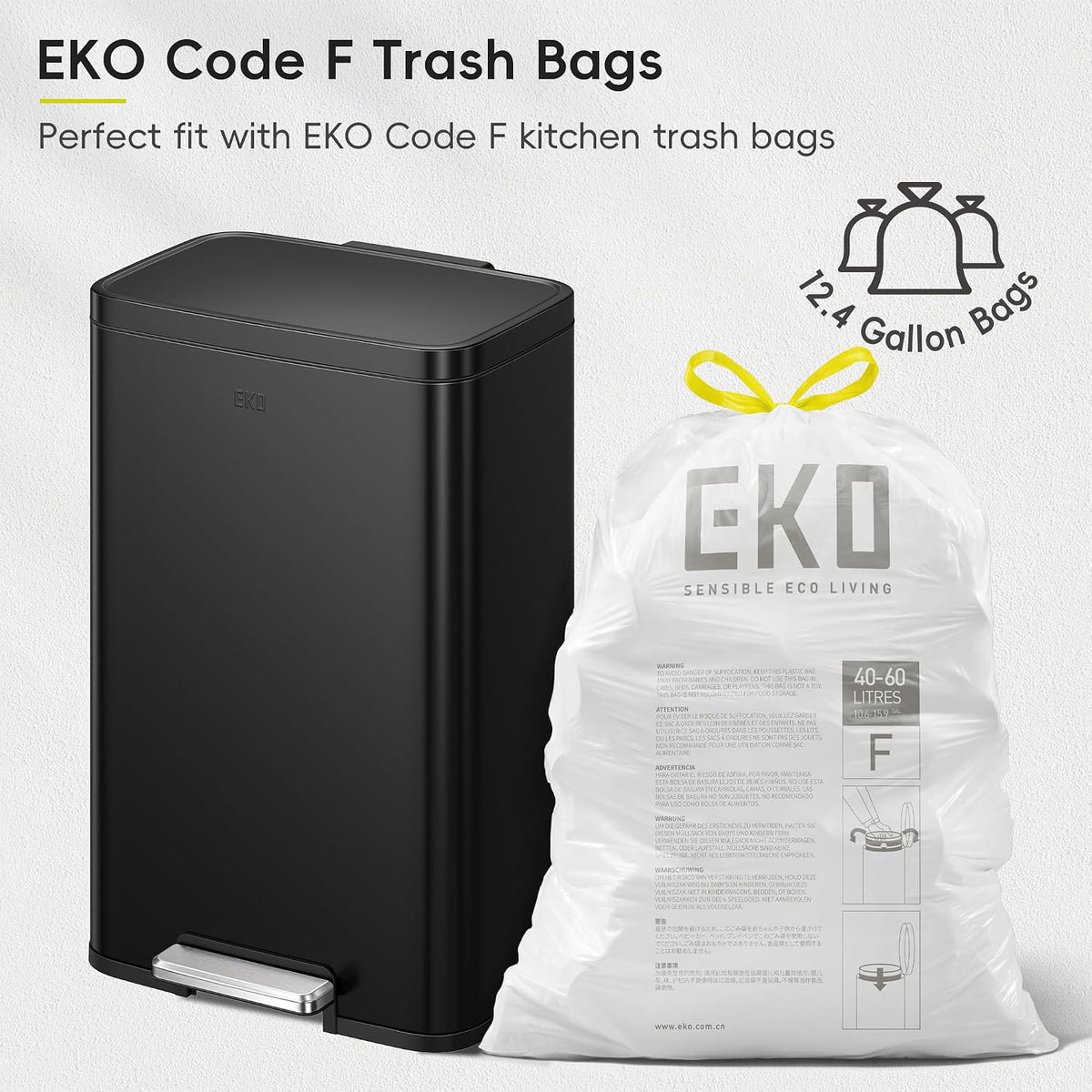 EKO Madison Matte Black 50 Liter/13.2 Gallon Step Trash Can with Inner Liner - Fingerprint Resistant Finish