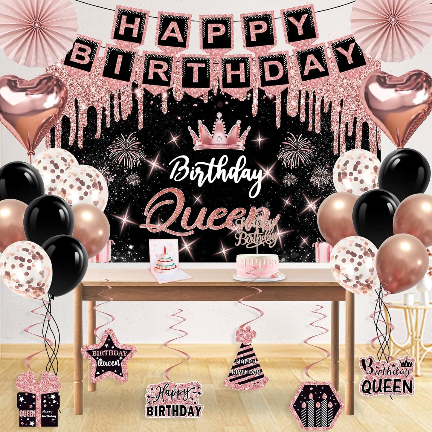 40th Birthday Decorations for Women,32pcs 40th Birthday Party Decorations,Including Backdrop, Crown,Sash,banner, Hanging Swirl,Cake Topper,balloons,Paper Fans,Anniversary Card and paper fans
