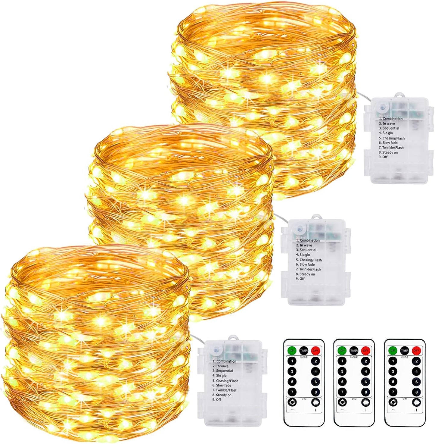 [Timer] 3 Packs Outdoor Fairy Lights Battery Powered, 33ft 100LED Battery String Light with Remote, 8 Modes, Waterproof Copper Wire Twinkle Light for Garden Wedding Tree Party Xmas Decor (Warm White)