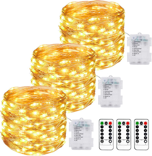 [Timer] 3 Packs Outdoor Fairy Lights Battery Powered, 33ft 100LED Battery String Light with Remote, 8 Modes, Waterproof Copper Wire Twinkle Light for Garden Wedding Tree Party Xmas Decor (Warm White)