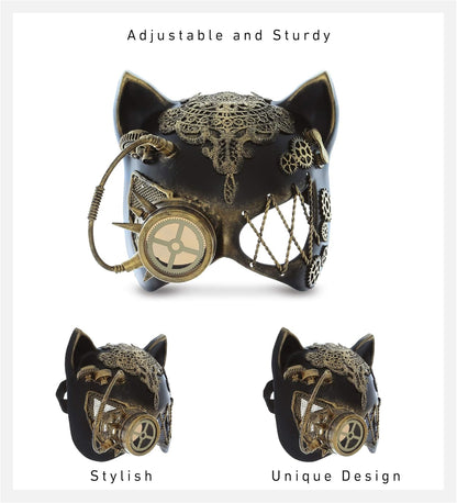 Attitude Studio Steampunk Cat Ears Half Mask Robot Monocles Costume - Gold