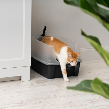 IRIS USA Top Entry Cat Litter Box with Scoop - Large - Stylish Enclosed Round Oval Kitty Dog Proof Box, Litiere Pour Chat Bac - White/Beige