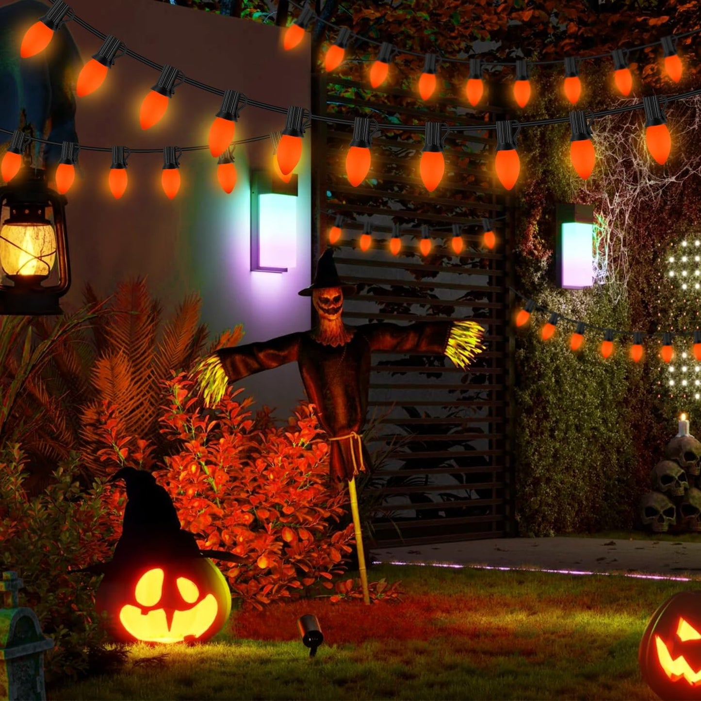 SOTOPOO C7 LED Orange Halloween Lights, 25FT Ceramic Orange Halloween Lights Outdoor Indoor with 25 LED C7 Bulbs, Great as Halloween Home Yard Door Tree Party Decorations Lights (2 LED Spare Bulbs)