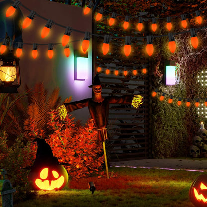 SOTOPOO C7 LED Orange Halloween Lights, 25FT Ceramic Orange Halloween Lights Outdoor Indoor with 25 LED C7 Bulbs, Great as Halloween Home Yard Door Tree Party Decorations Lights (2 LED Spare Bulbs)