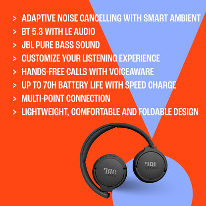 JBL Tune 670NC - Adaptive Noise Cancelling with Smart Ambient Wireless On-Ear Headphones, Up to 70H Battery Life with Speed Charge, Lightweight, Comfortable and Foldable Design (Black)