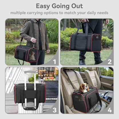 Petsfit Expandable Cat Dog Carrier Airline Approved, 17" L x 11" W x 11" H Soft-Sided Portable Pet Travel Carrier for Kitten, Puppy, Removable Soft Plush Mat and Pockets, Auto-Locking Zippers
